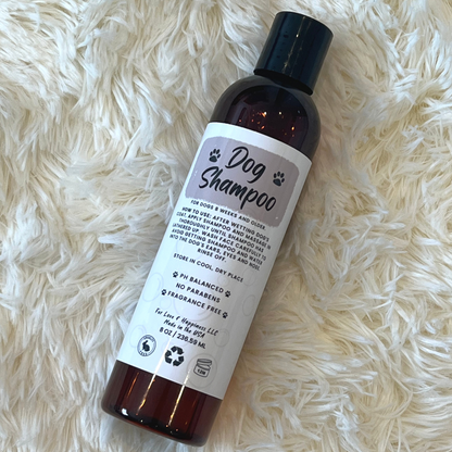 Fragrance-free dog shampoo bottle with gentle, natural ingredients for sensitive skin.